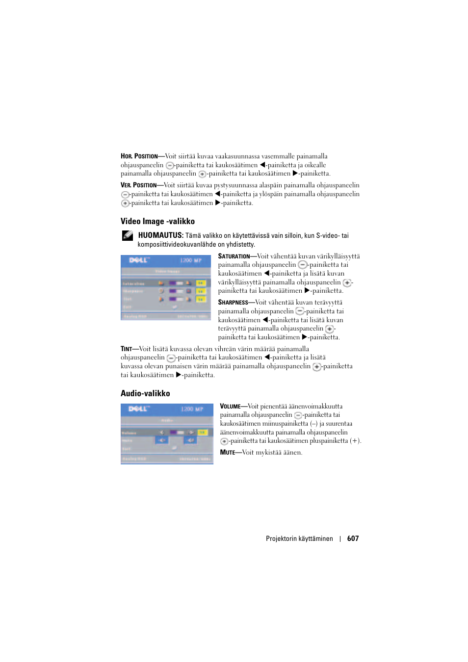 Video image -valikko, Audio-valikko | Dell Projector 1200MP User Manual | Page 607 / 904