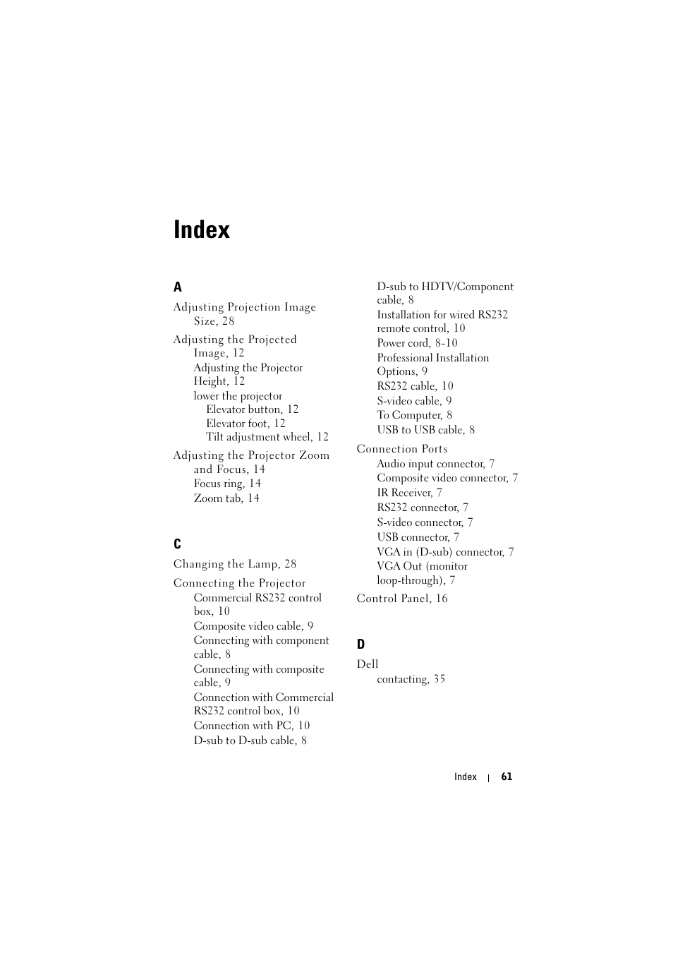 Index | Dell Projector 1200MP User Manual | Page 61 / 904