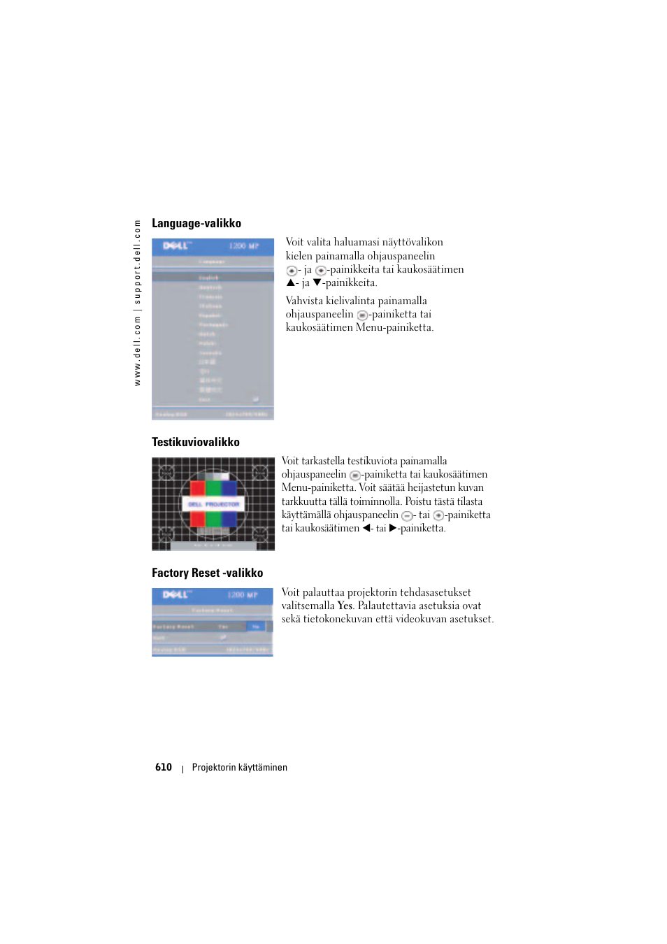 Language-valikko, Testikuviovalikko, Factory reset -valikko | Dell Projector 1200MP User Manual | Page 610 / 904