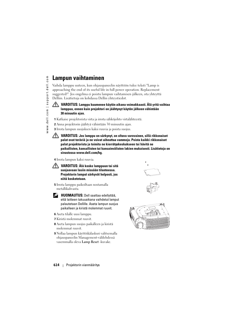 Lampun vaihtaminen | Dell Projector 1200MP User Manual | Page 614 / 904