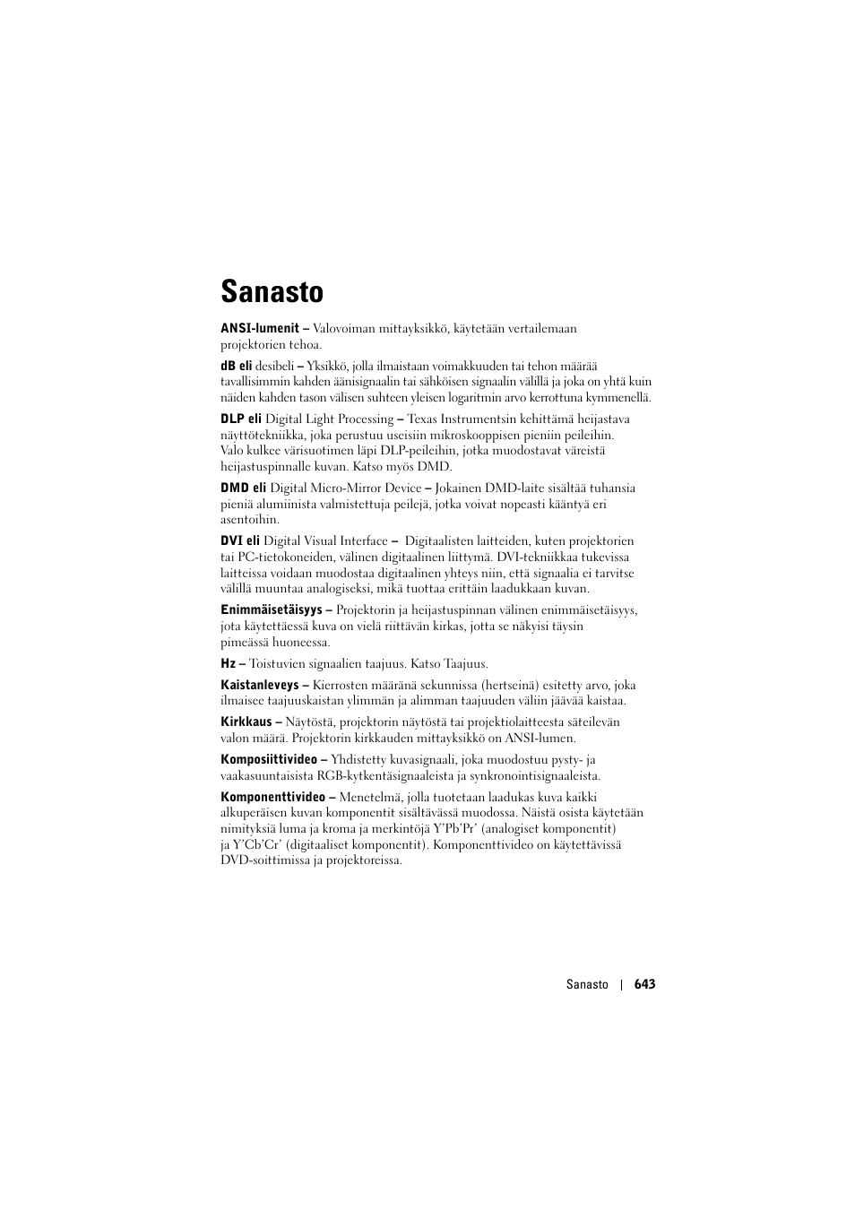 Sanasto | Dell Projector 1200MP User Manual | Page 643 / 904