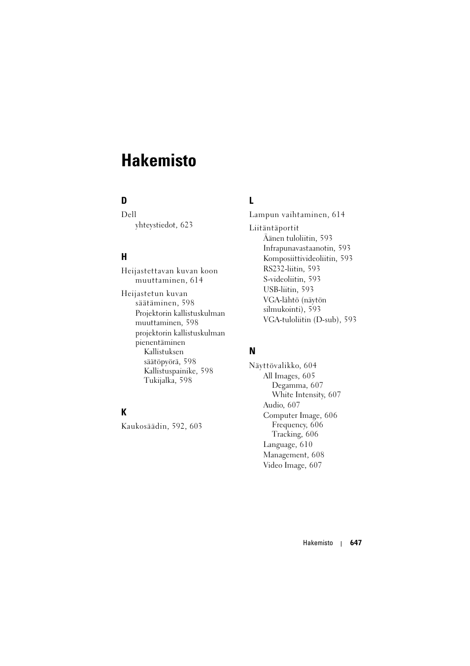 Hakemisto | Dell Projector 1200MP User Manual | Page 647 / 904