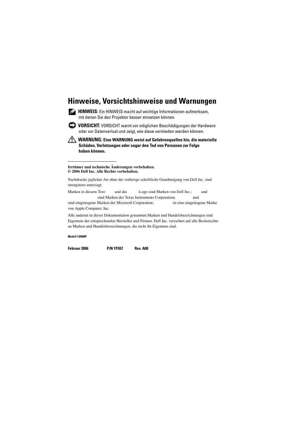 Hinweise, vorsichtshinweise und warnungen | Dell Projector 1200MP User Manual | Page 66 / 904