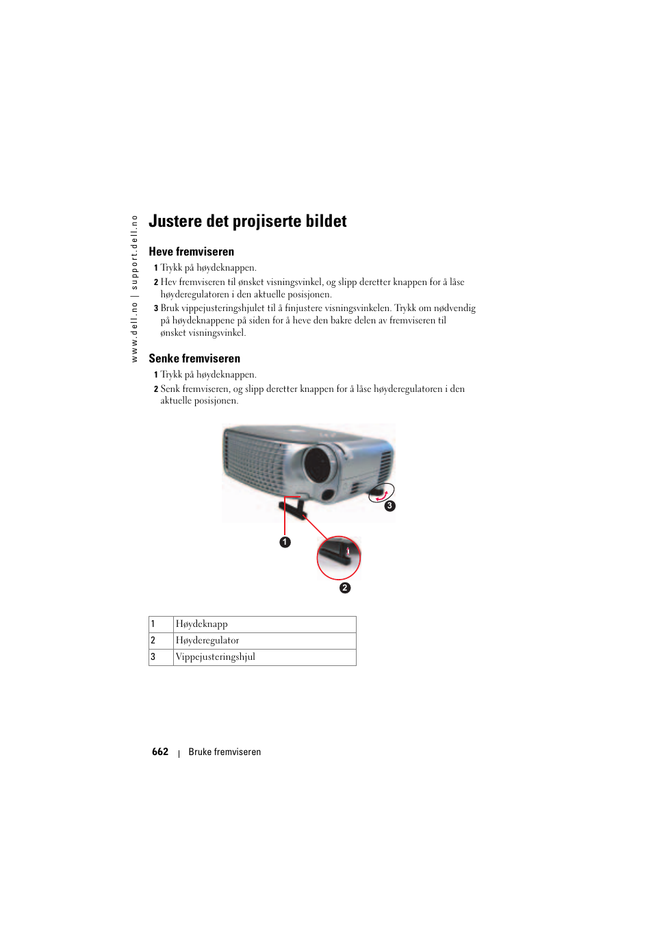 Justere det projiserte bildet, Heve fremviseren, Senke fremviseren | Dell Projector 1200MP User Manual | Page 662 / 904