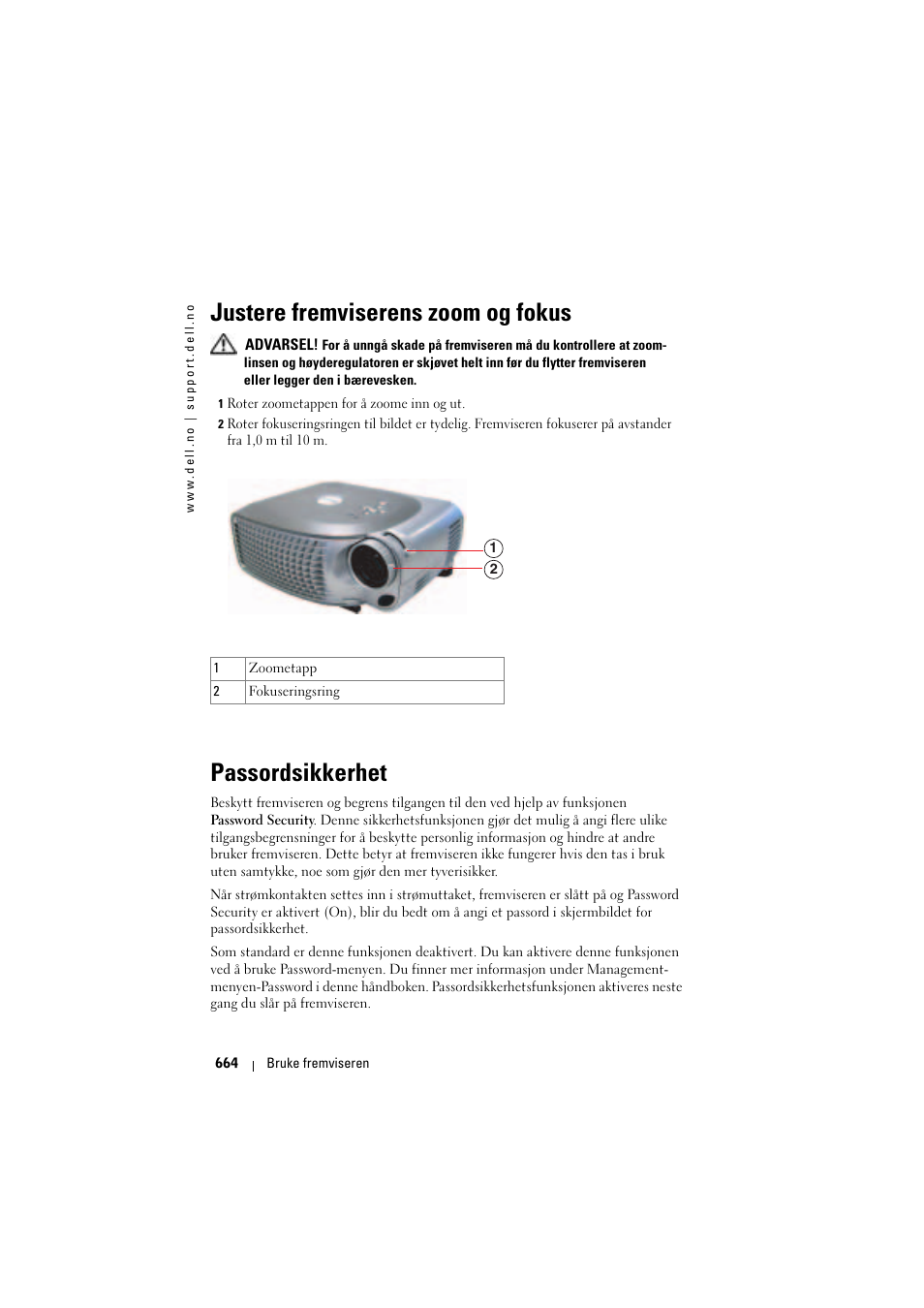 Justere fremviserens zoom og fokus, Passordsikkerhet | Dell Projector 1200MP User Manual | Page 664 / 904