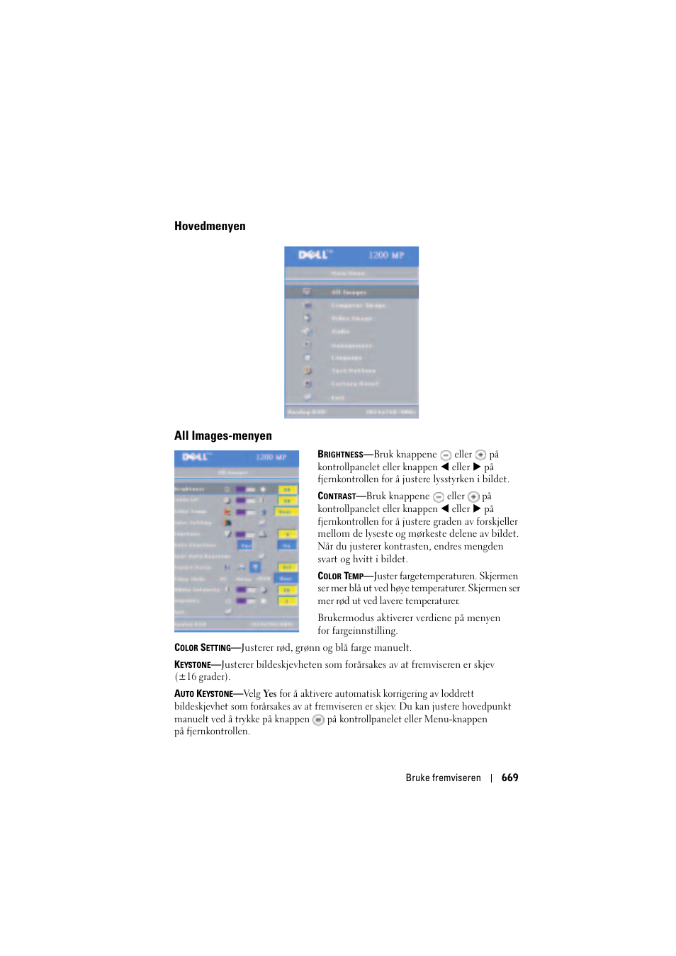 Hovedmenyen, All images-menyen, Hovedmenyen all images-menyen | Dell Projector 1200MP User Manual | Page 669 / 904