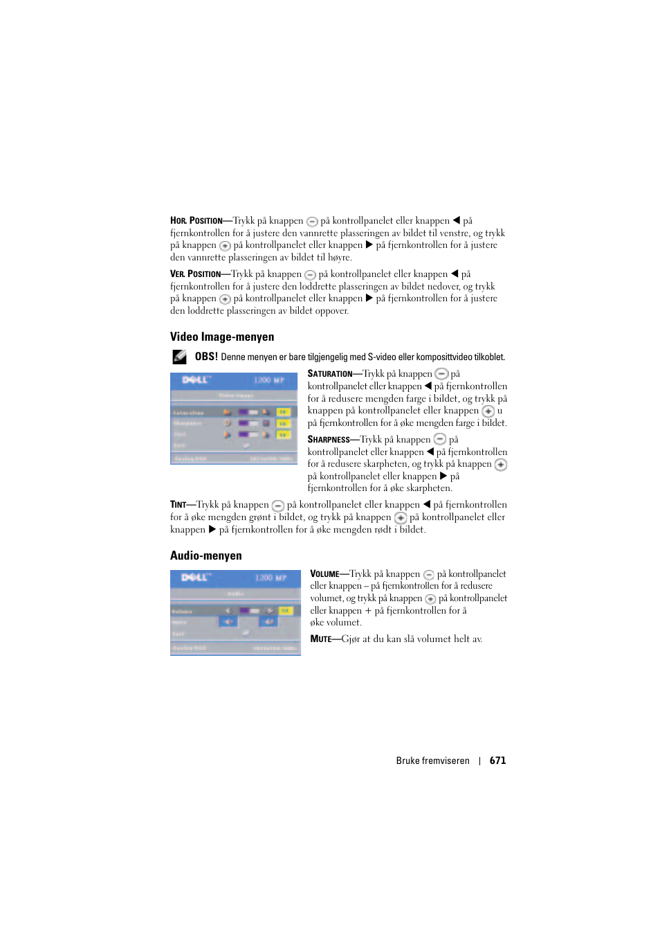 Video image-menyen, Audio-menyen | Dell Projector 1200MP User Manual | Page 671 / 904