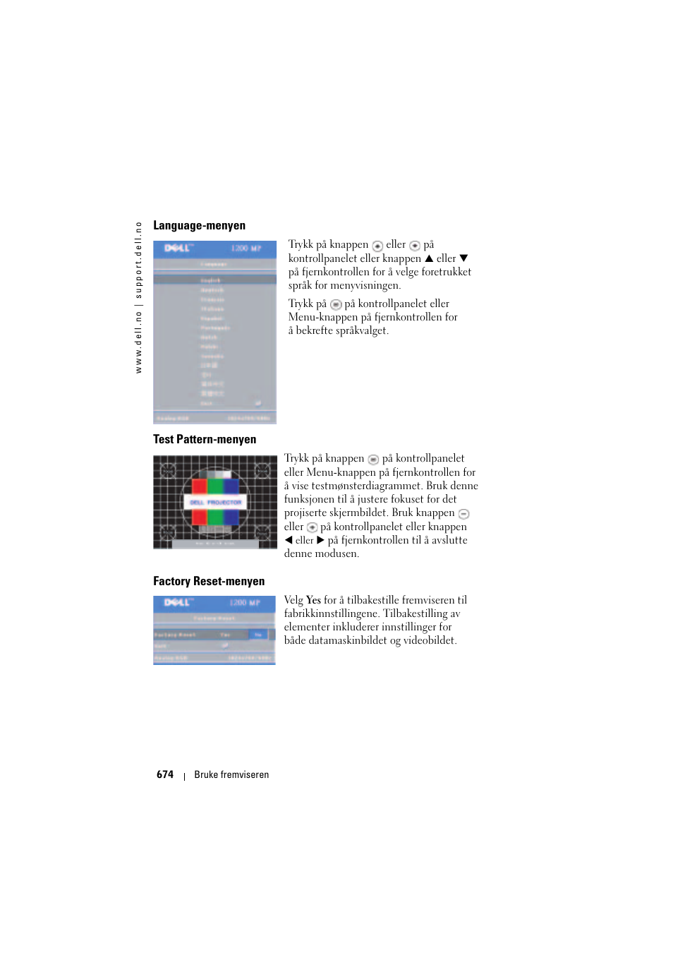 Language-menyen, Test pattern-menyen, Factory reset-menyen | Dell Projector 1200MP User Manual | Page 674 / 904