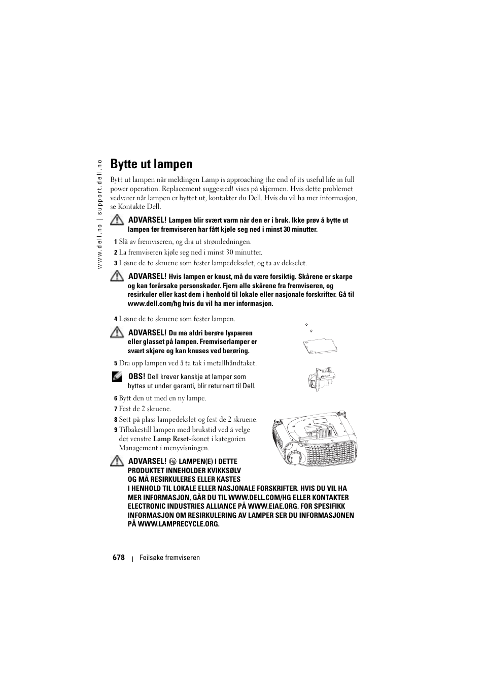 Bytte ut lampen | Dell Projector 1200MP User Manual | Page 678 / 904