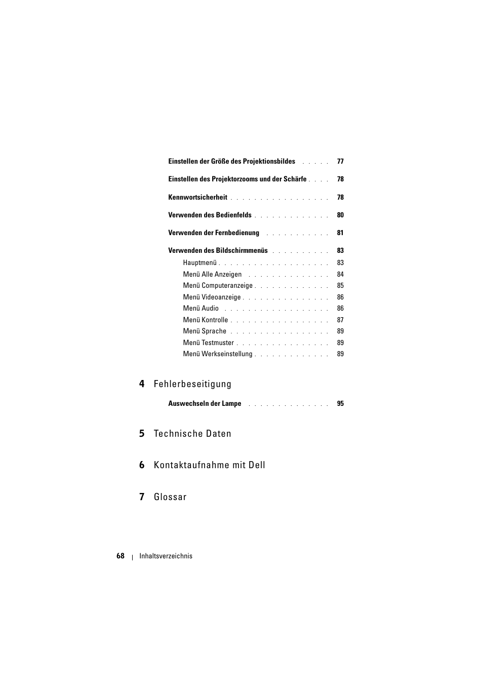 4 fehlerbeseitigung, 5 technische daten, 6 kontaktaufnahme mit dell | 7 glossar | Dell Projector 1200MP User Manual | Page 68 / 904