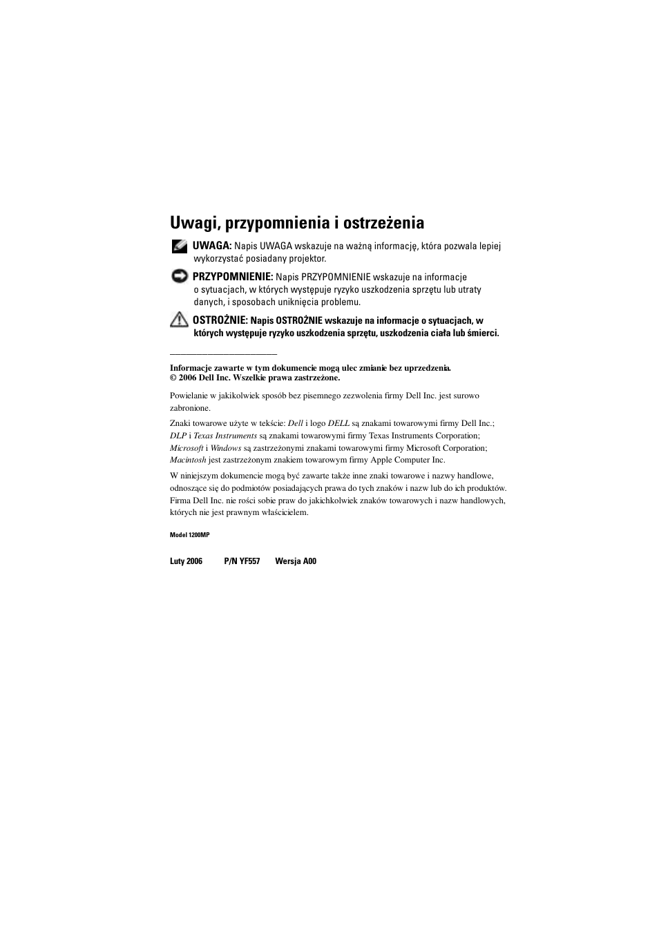 Uwagi, przypomnienia i ostrzeżenia | Dell Projector 1200MP User Manual | Page 712 / 904