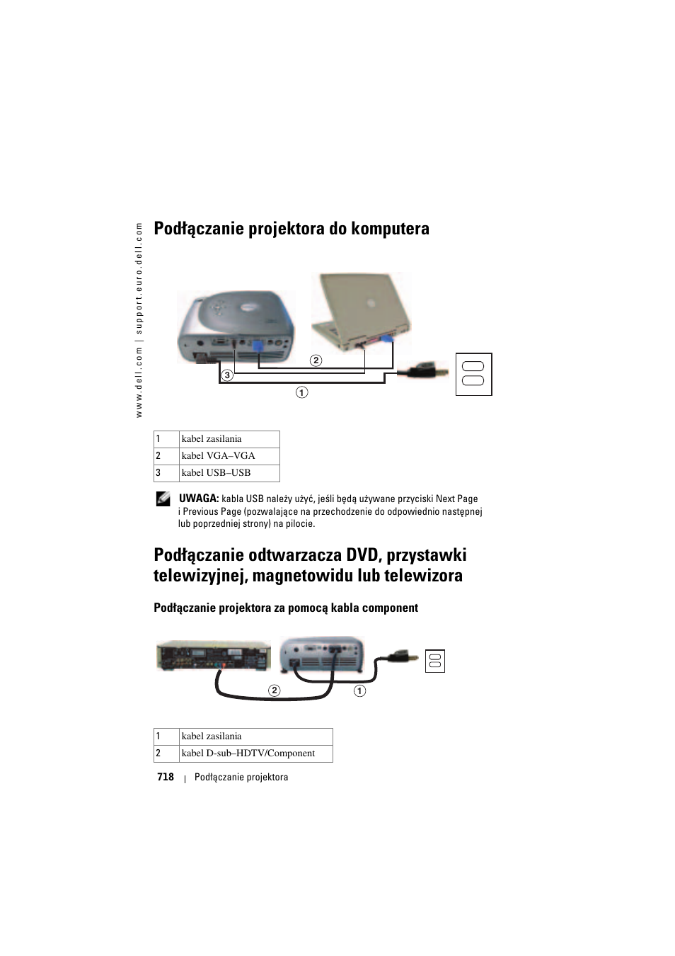 Podłączanie projektora do komputera, Podłączanie projektora za pomocą kabla component | Dell Projector 1200MP User Manual | Page 718 / 904