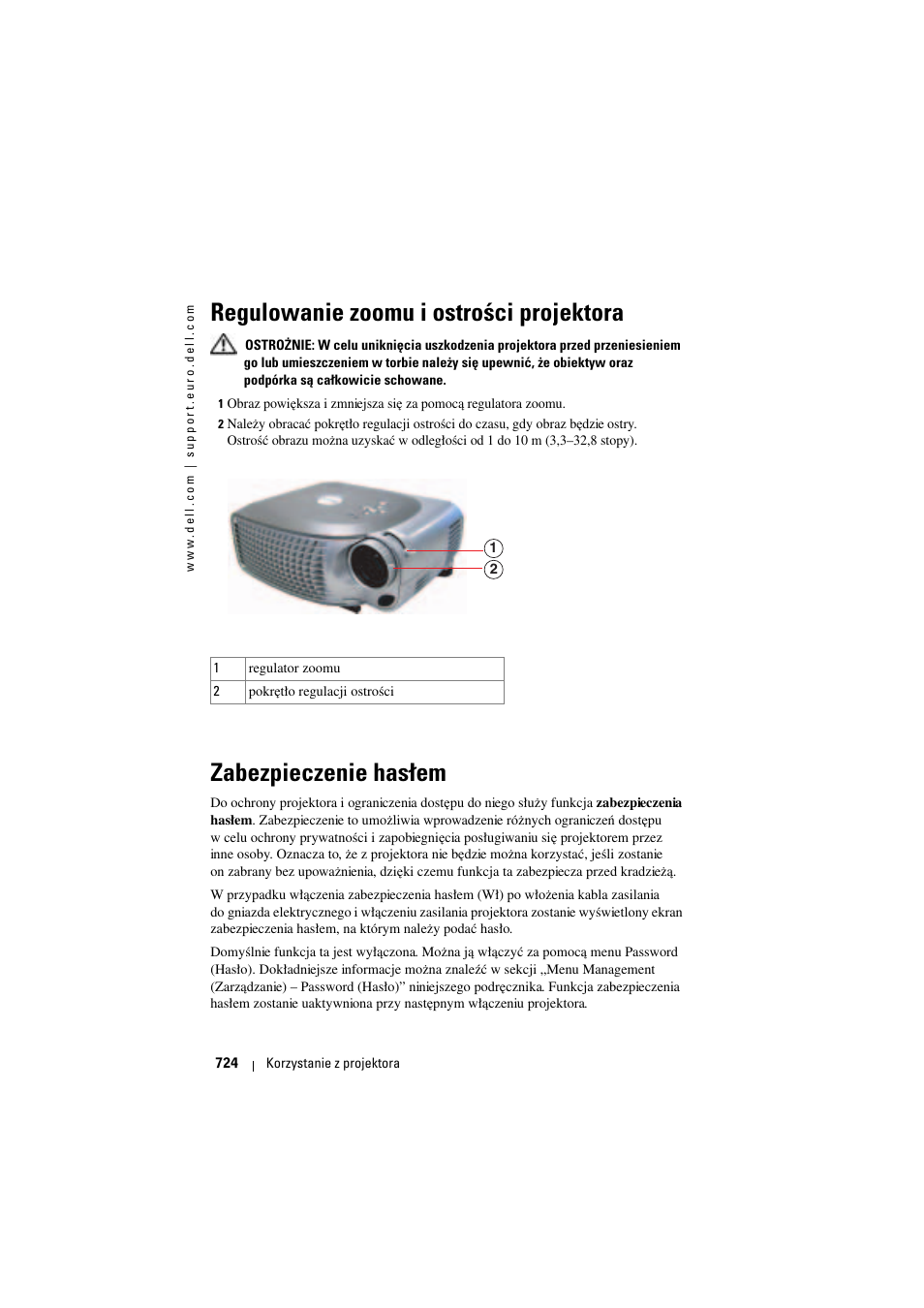 Regulowanie zoomu i ostrości projektora, Zabezpieczenie hasłem | Dell Projector 1200MP User Manual | Page 724 / 904