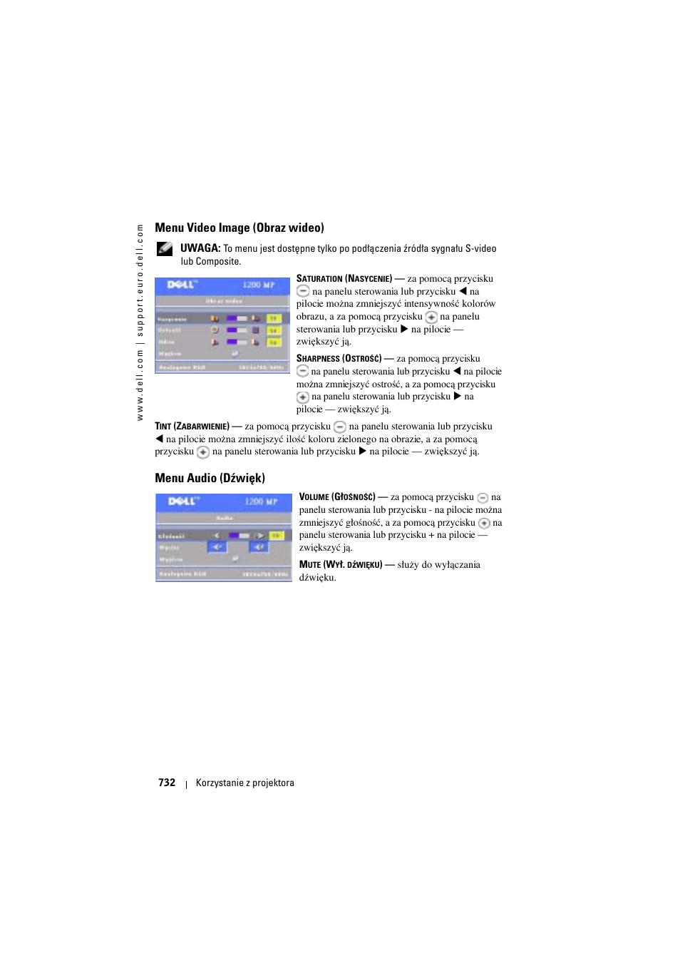 Menu video image (obraz wideo), Menu audio (dźwięk) | Dell Projector 1200MP User Manual | Page 732 / 904