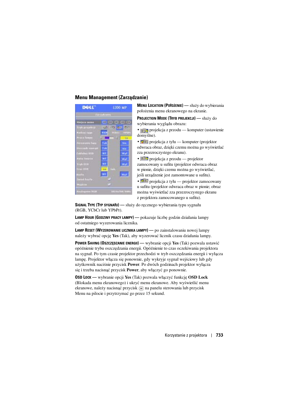 Menu management (zarządzanie) | Dell Projector 1200MP User Manual | Page 733 / 904