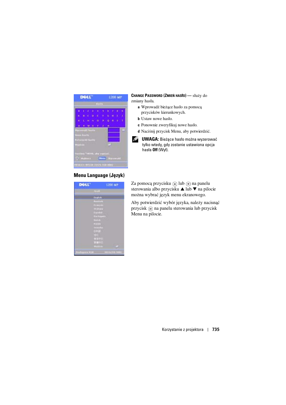 Menu language (język) | Dell Projector 1200MP User Manual | Page 735 / 904