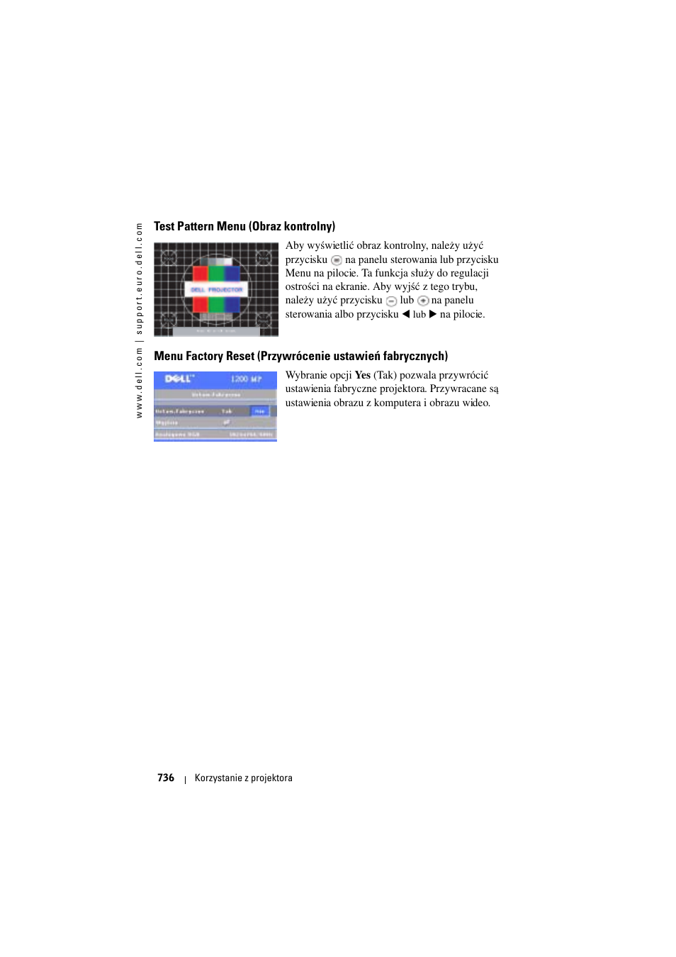 Test pattern menu (obraz kontrolny) | Dell Projector 1200MP User Manual | Page 736 / 904