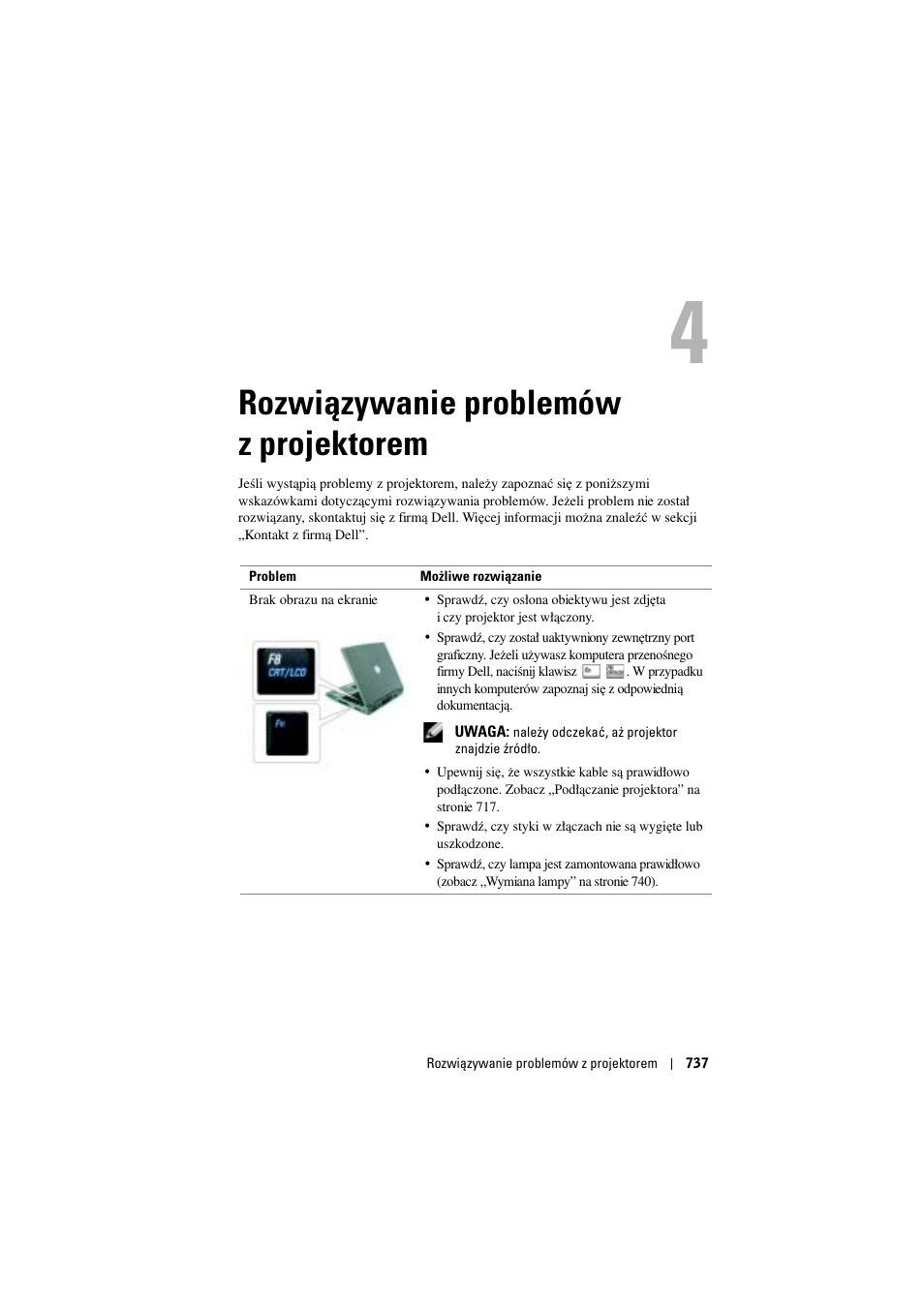 Rozwiązywanie problemów z projektorem, 4 rozwiązywanie problemów z projektorem | Dell Projector 1200MP User Manual | Page 737 / 904