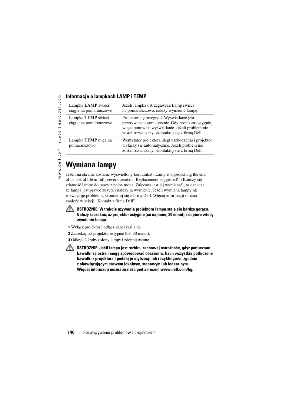 Wymiana lampy | Dell Projector 1200MP User Manual | Page 740 / 904