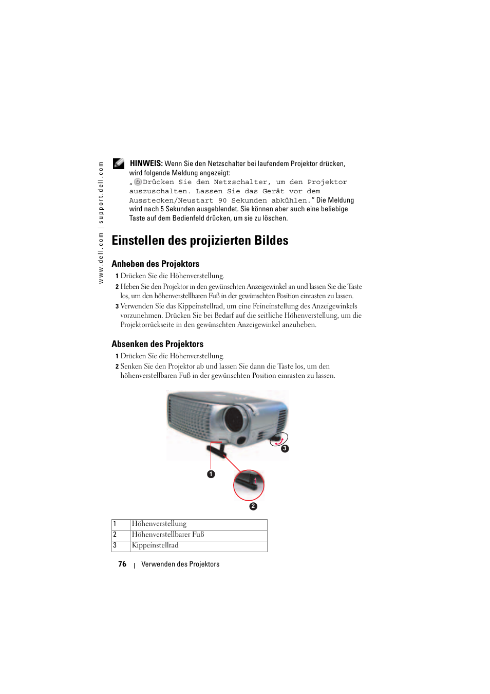 Einstellen des projizierten bildes, Anheben des projektors, Absenken des projektors | Dell Projector 1200MP User Manual | Page 76 / 904