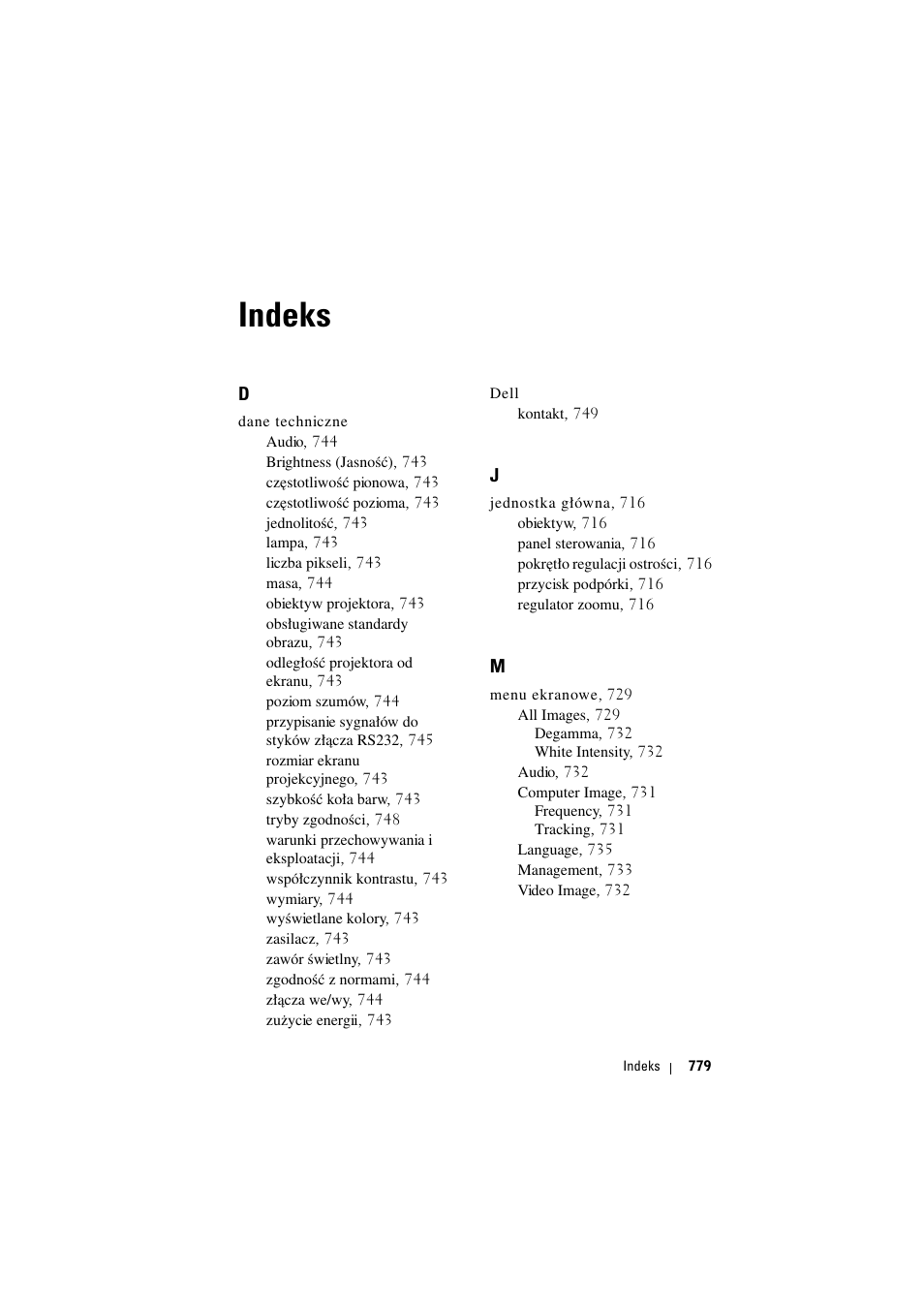 Indeks | Dell Projector 1200MP User Manual | Page 779 / 904