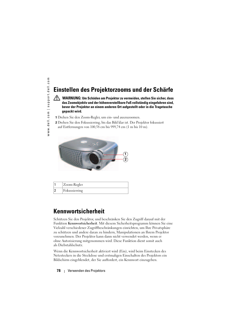 Einstellen des projektorzooms und der schärfe, Kennwortsicherheit | Dell Projector 1200MP User Manual | Page 78 / 904