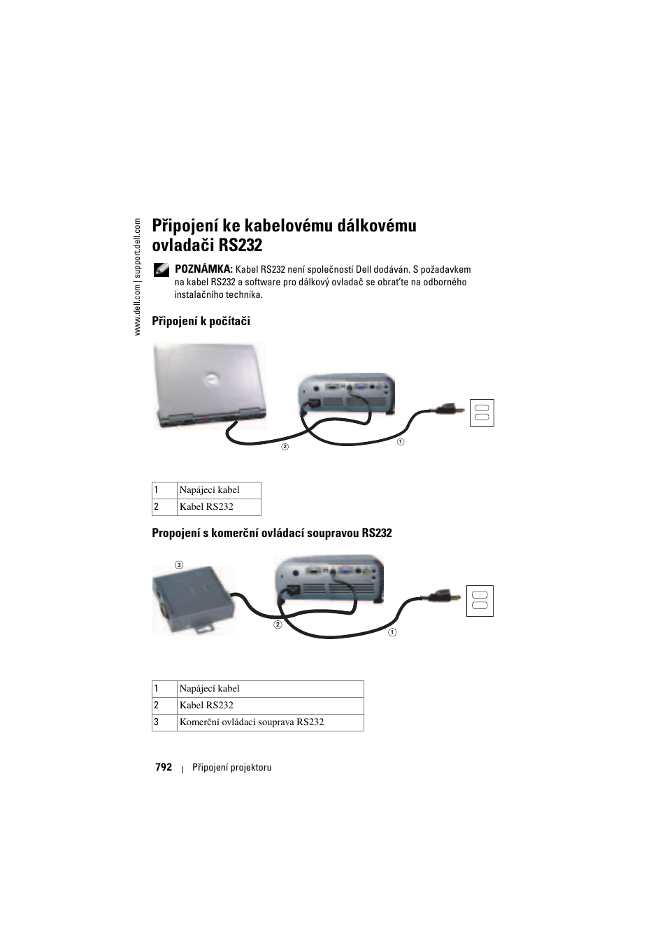 Připojení ke kabelovému dálkovému ovladači rs232, Připojení k počítači, Propojení s komerční ovládací soupravou rs232 | Dell Projector 1200MP User Manual | Page 792 / 904