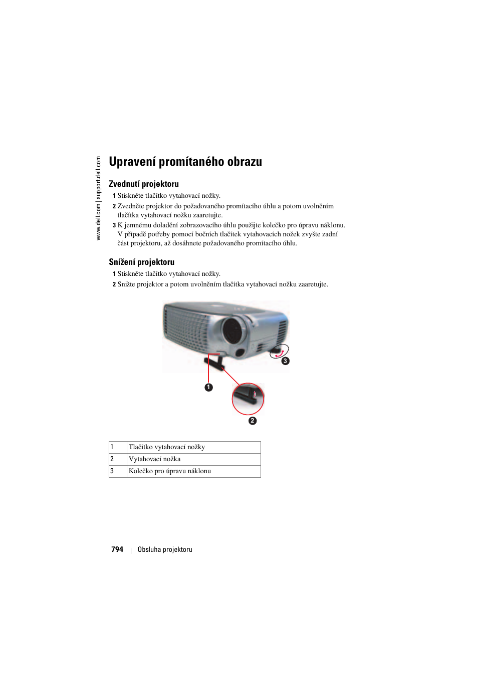 Upravení promítaného obrazu, Zvednutí projektoru, Snížení projektoru | Dell Projector 1200MP User Manual | Page 794 / 904