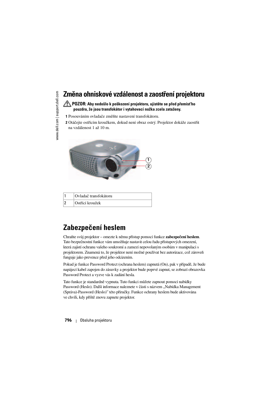 Změna ohniskové vzdálenost a zaostření projektoru, Zabezpečení heslem | Dell Projector 1200MP User Manual | Page 796 / 904