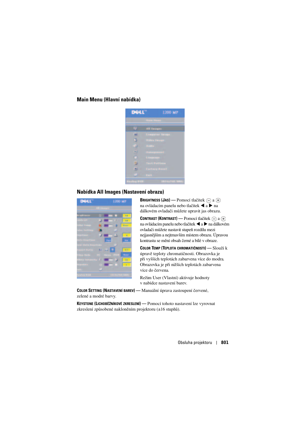 Main menu (hlavní nabídka), Nabídka all images (nastavení obrazu) | Dell Projector 1200MP User Manual | Page 801 / 904