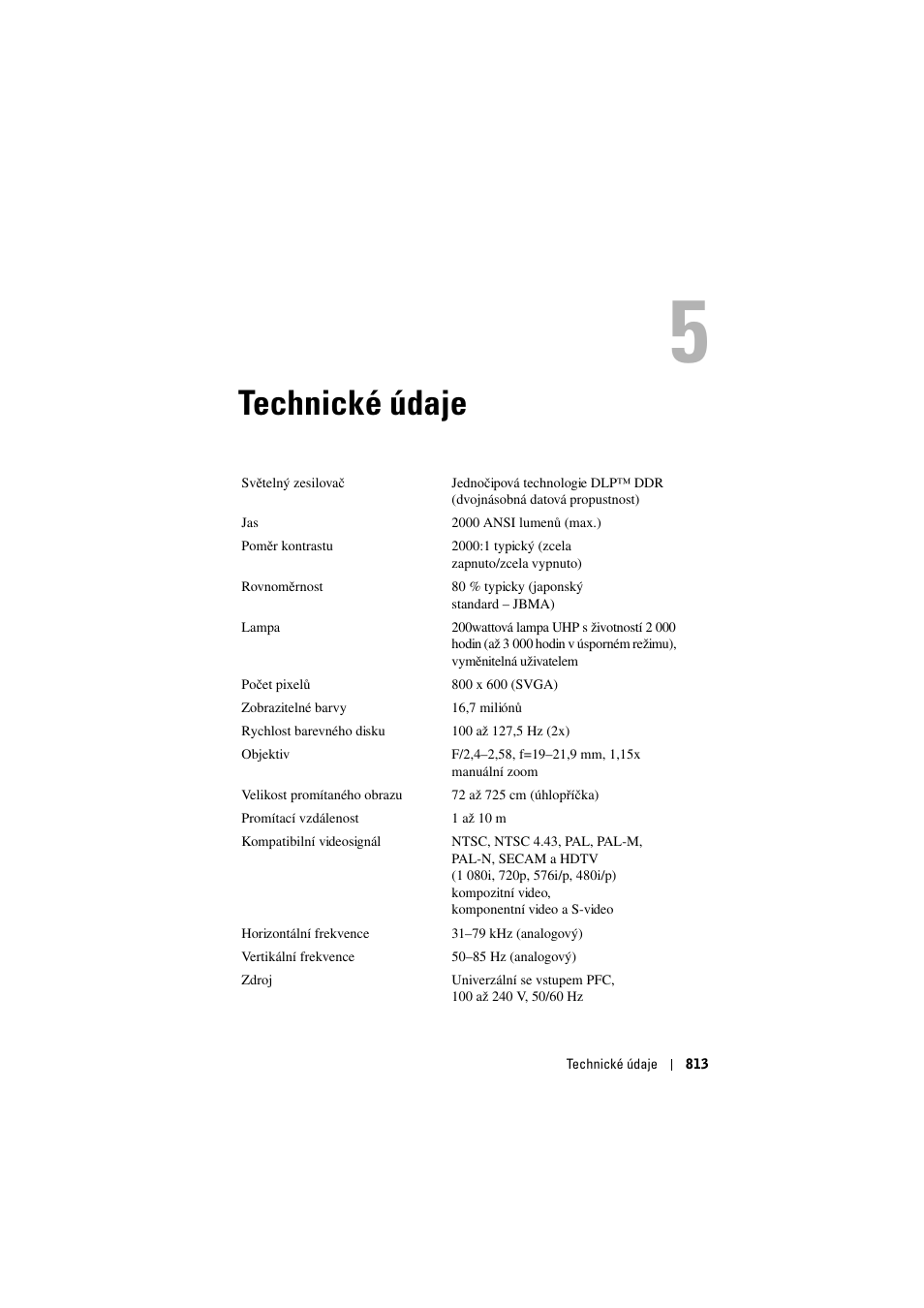 Technické údaje, 5 technické údaje | Dell Projector 1200MP User Manual | Page 813 / 904