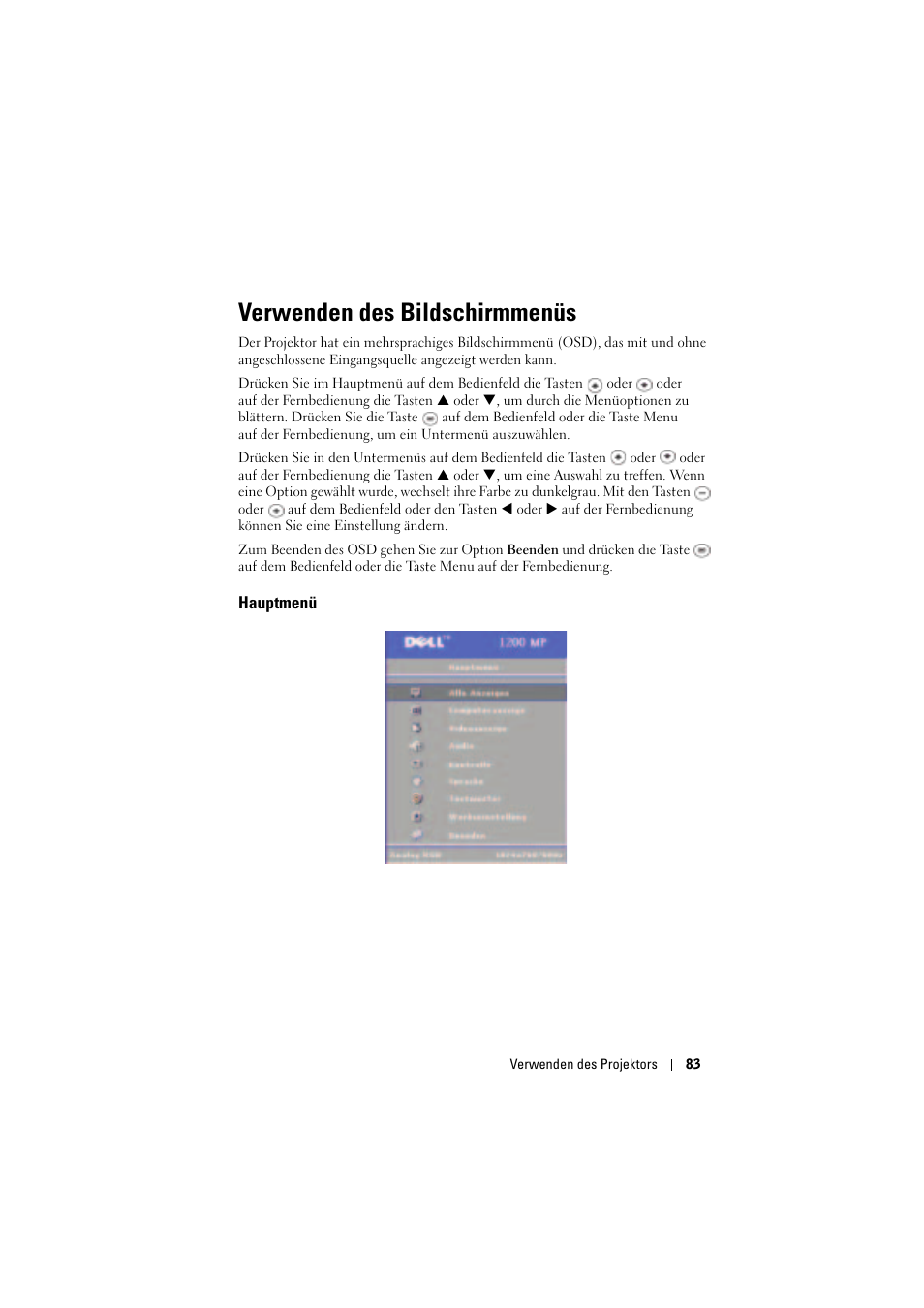 Verwenden des bildschirmmenüs, Hauptmenü | Dell Projector 1200MP User Manual | Page 83 / 904