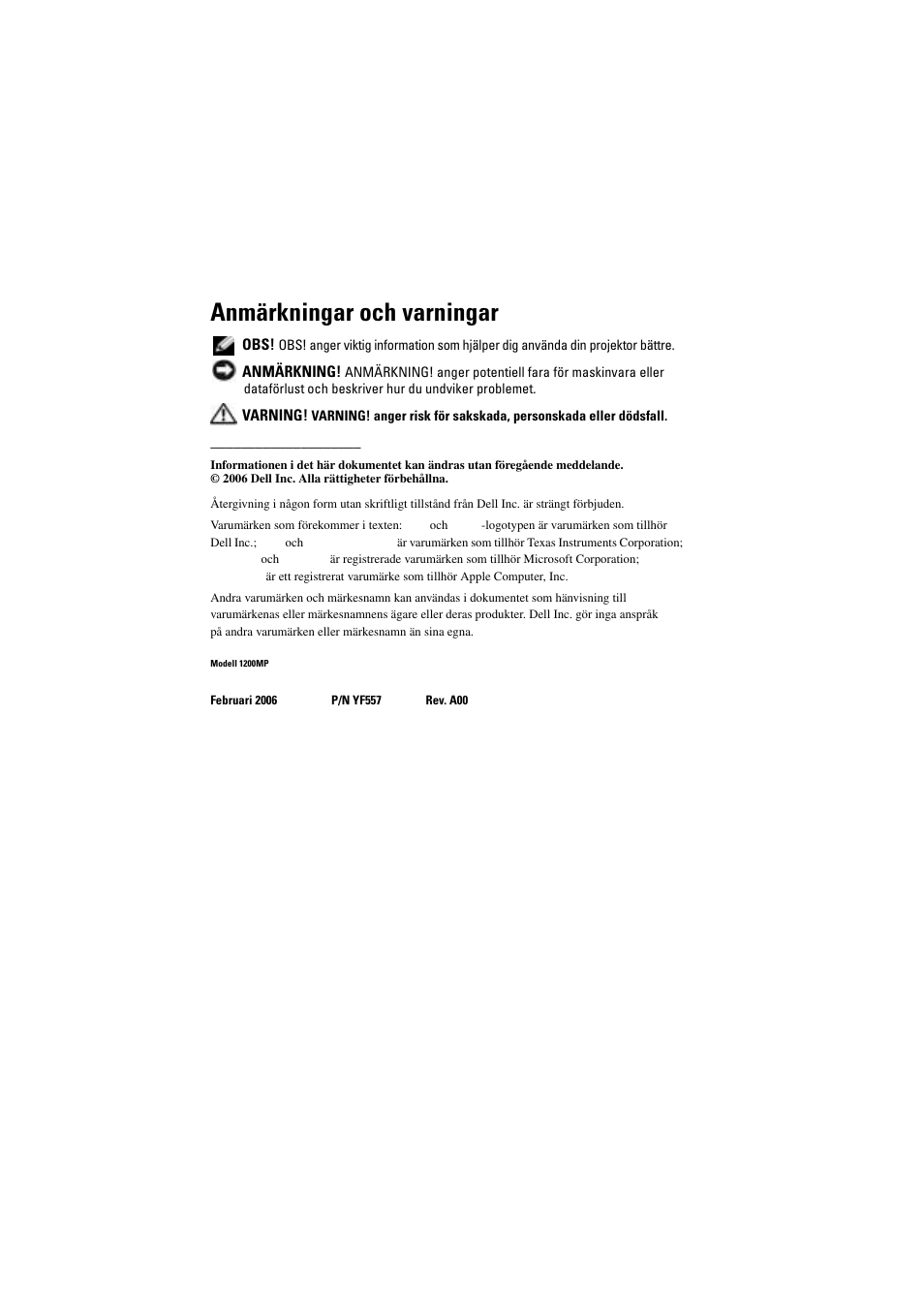 Anmärkningar och varningar | Dell Projector 1200MP User Manual | Page 848 / 904