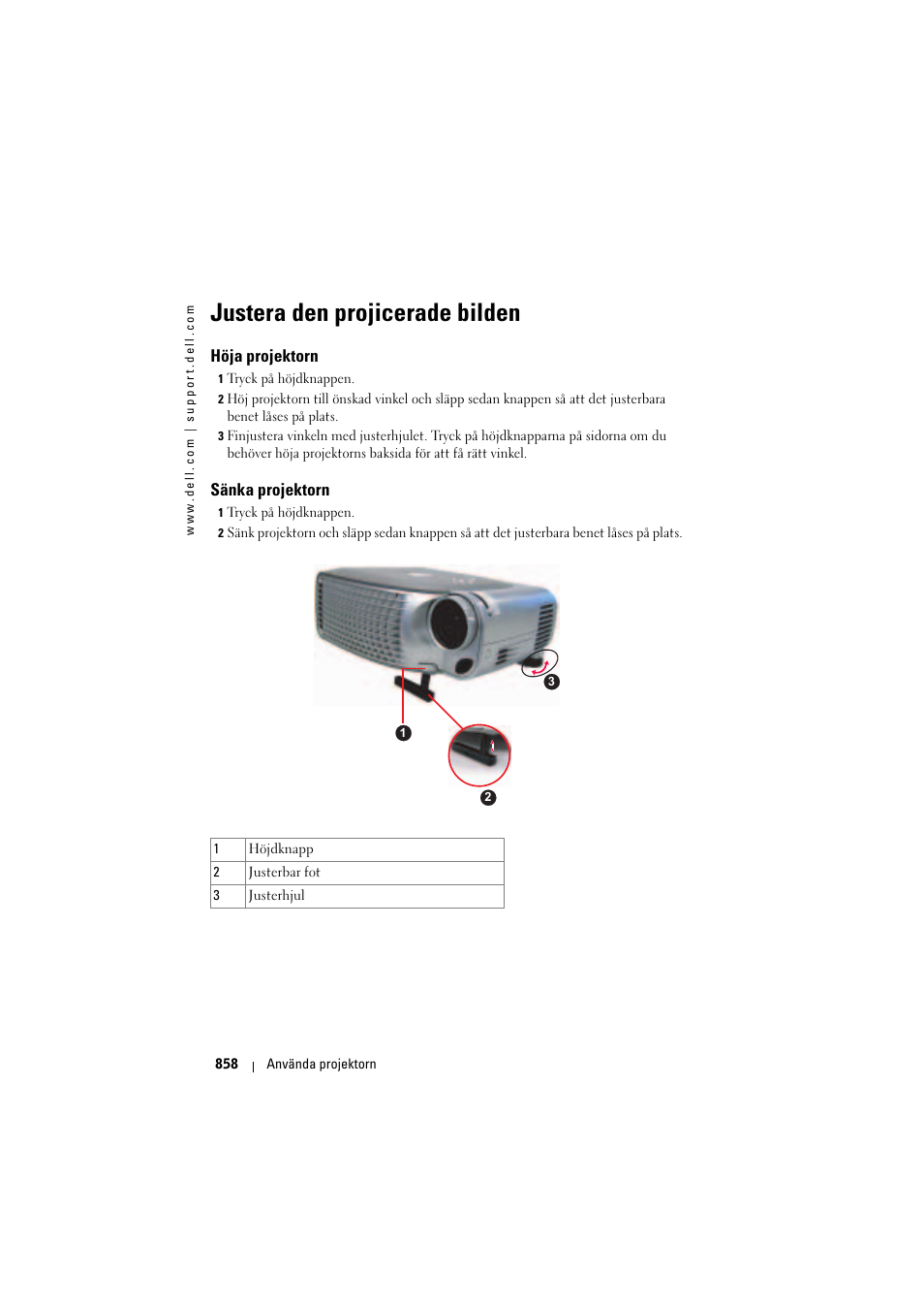 Justera den projicerade bilden, Höja projektorn, Sänka projektorn | Dell Projector 1200MP User Manual | Page 858 / 904