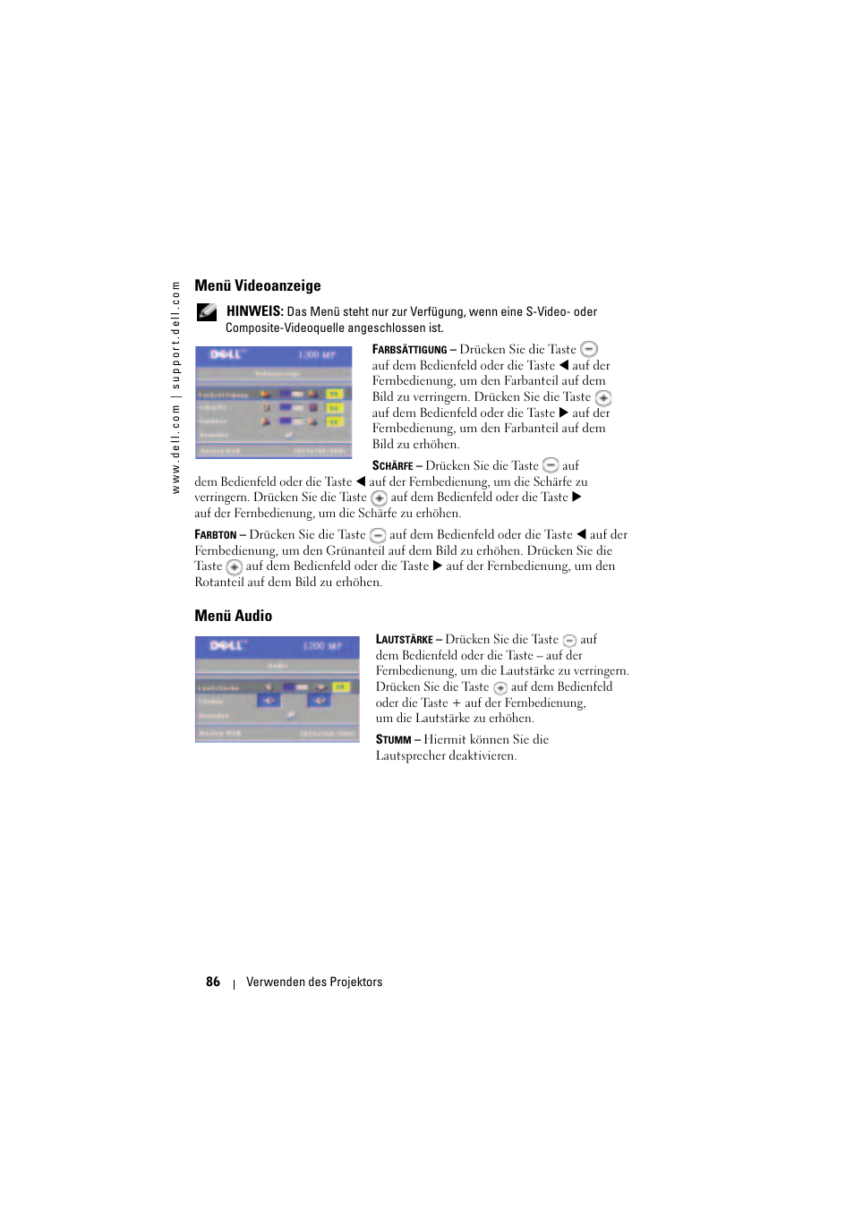Menü videoanzeige, Menü audio | Dell Projector 1200MP User Manual | Page 86 / 904