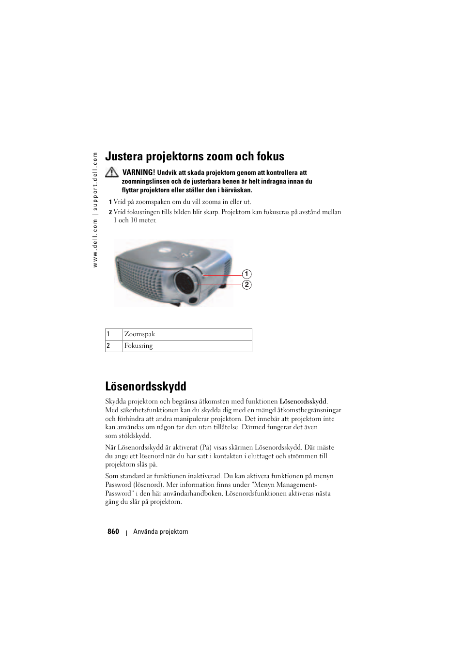 Justera projektorns zoom och fokus, Lösenordsskydd | Dell Projector 1200MP User Manual | Page 860 / 904