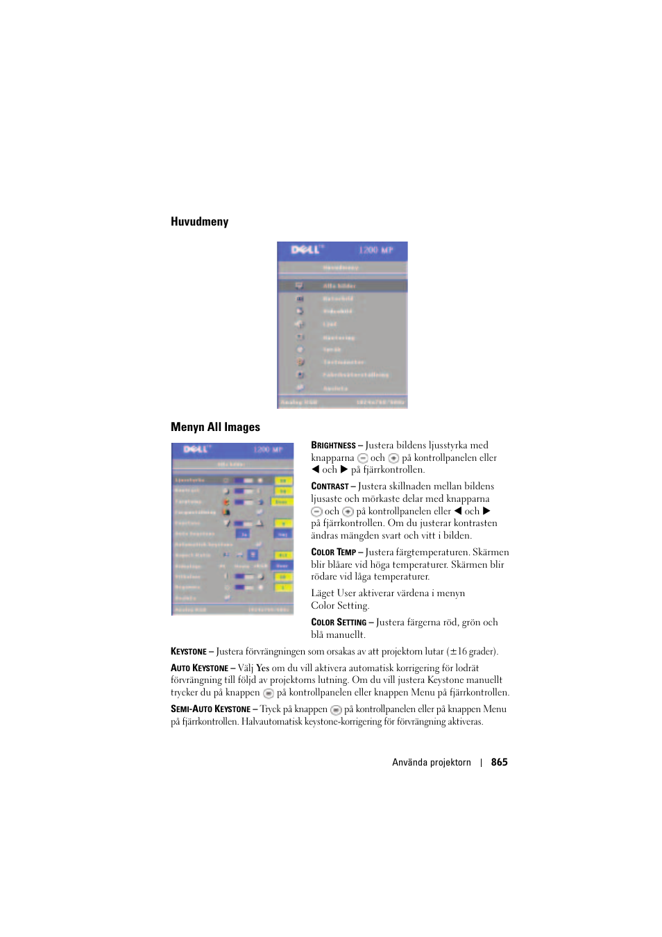 Huvudmeny, Menyn all images, Huvudmeny menyn all images | Dell Projector 1200MP User Manual | Page 865 / 904