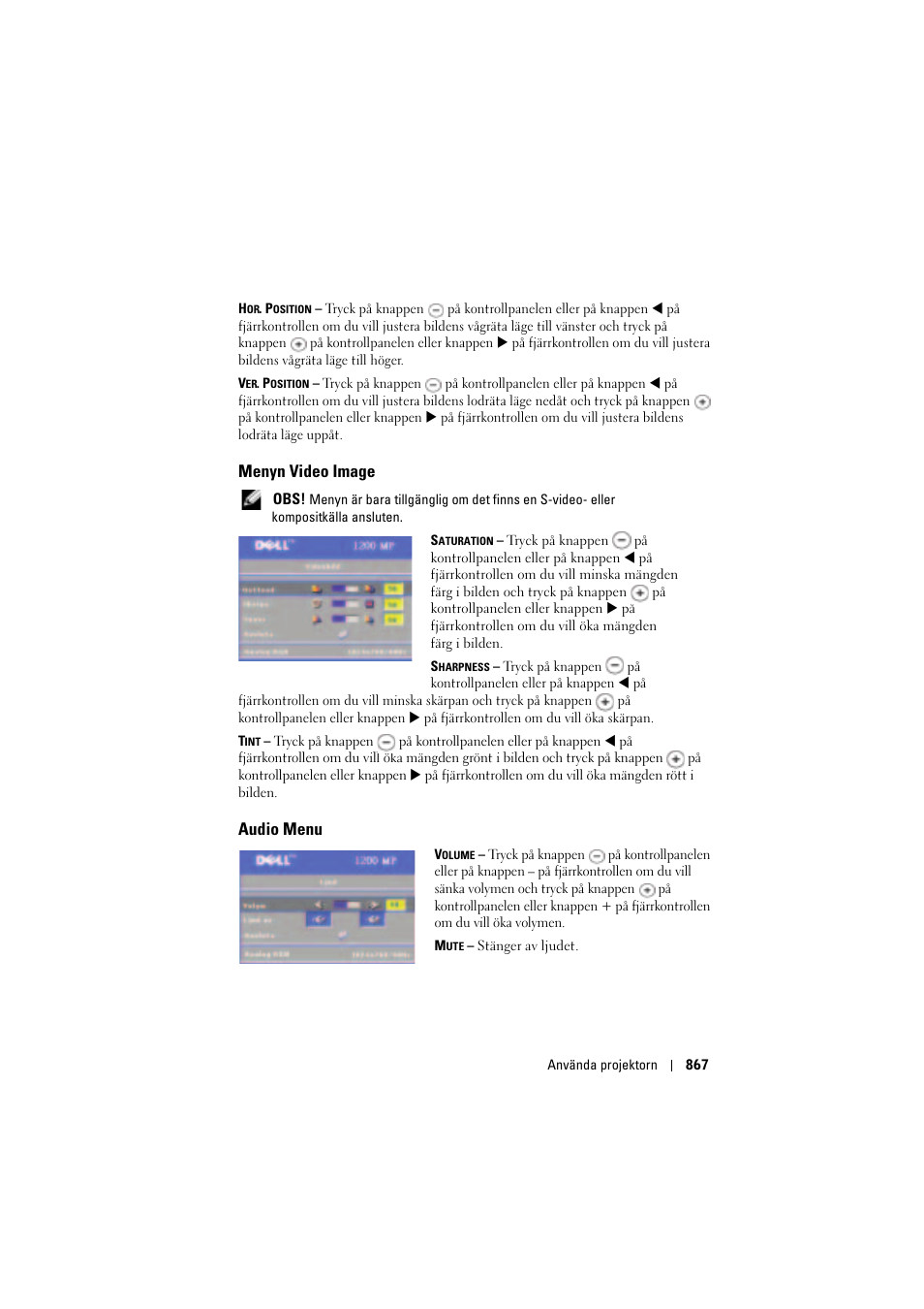 Menyn video image, Audio menu | Dell Projector 1200MP User Manual | Page 867 / 904