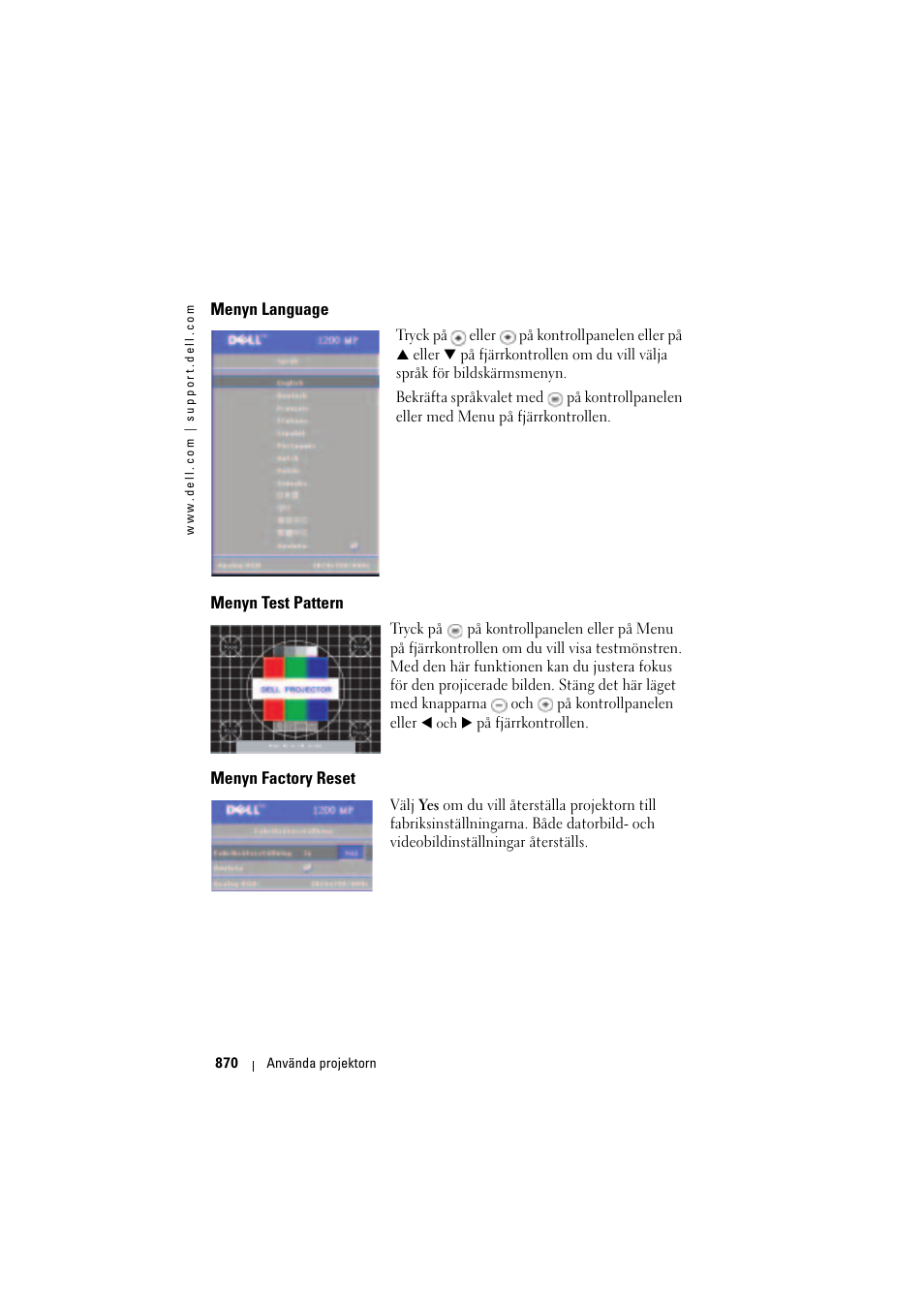 Menyn language, Menyn test pattern, Menyn factory reset | Dell Projector 1200MP User Manual | Page 870 / 904