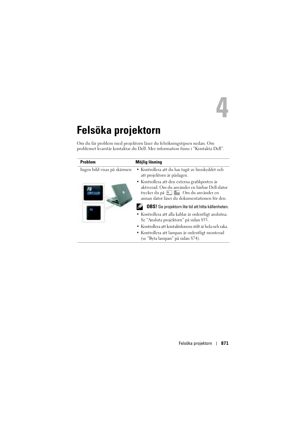 Felsöka projektorn, 4 felsöka projektorn | Dell Projector 1200MP User Manual | Page 871 / 904