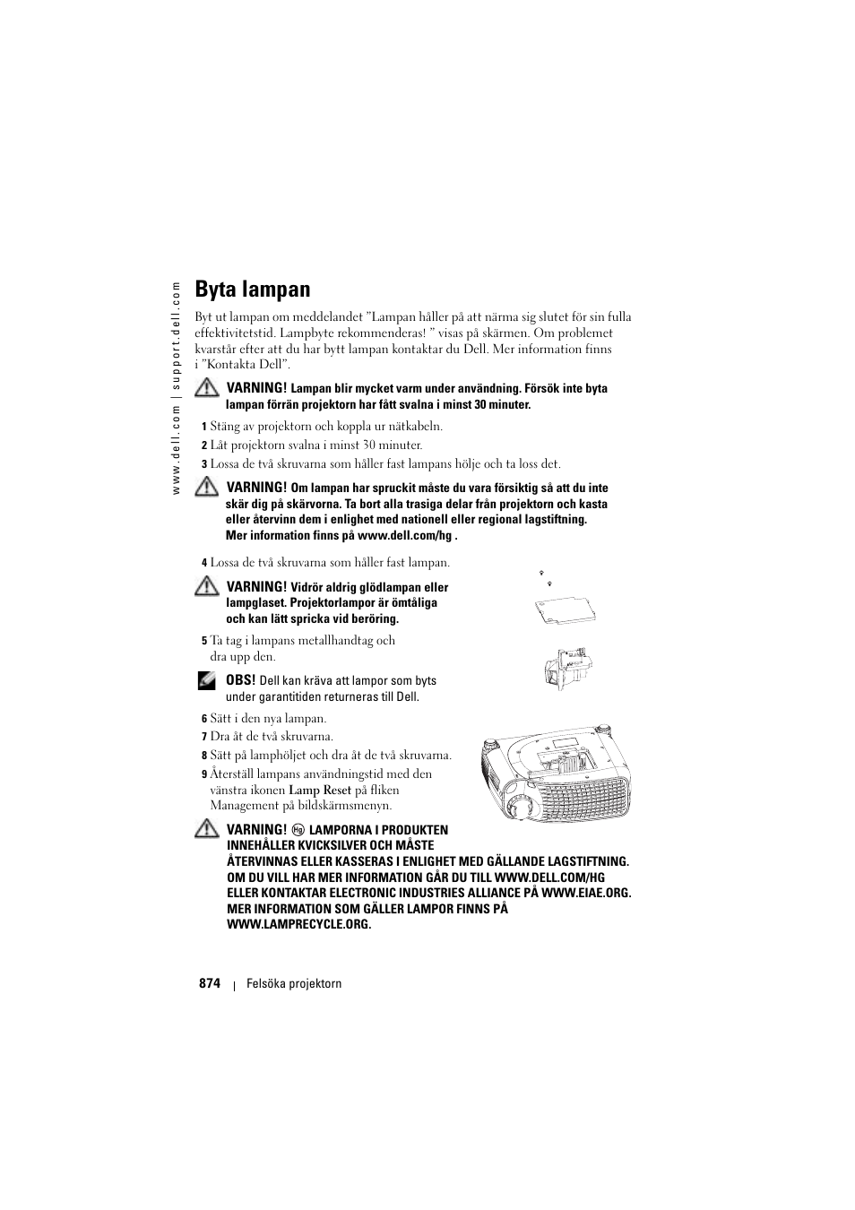 Byta lampan | Dell Projector 1200MP User Manual | Page 874 / 904