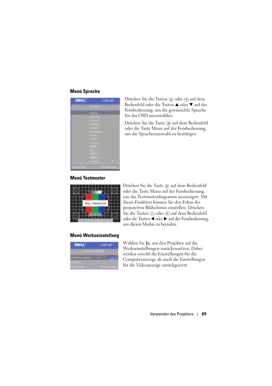 Menü sprache, Menü testmuster, Menü werkseinstellung | Dell Projector 1200MP User Manual | Page 89 / 904