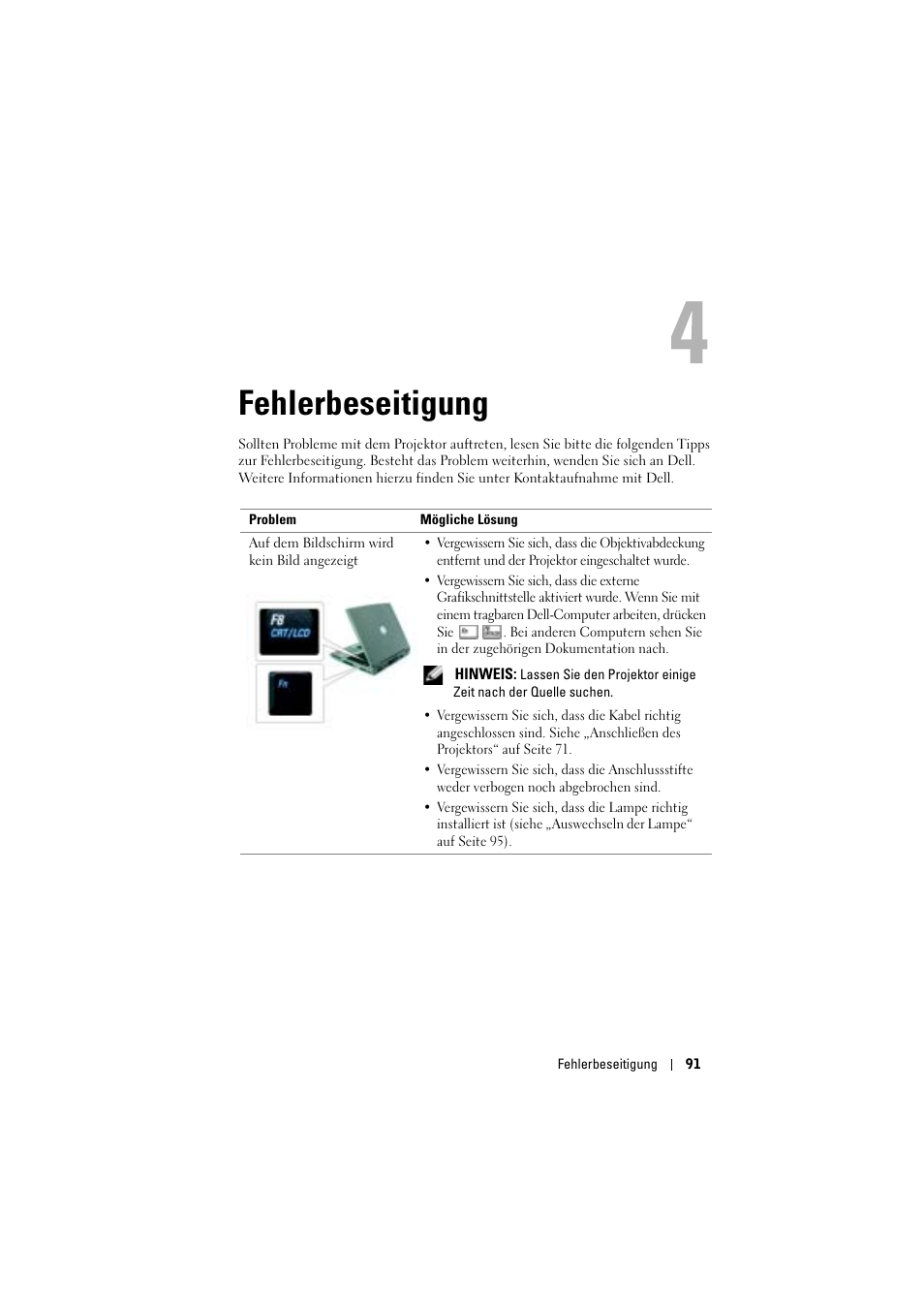 Fehlerbeseitigung, 4 fehlerbeseitigung | Dell Projector 1200MP User Manual | Page 91 / 904