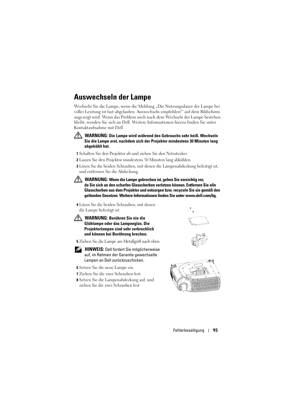 Auswechseln der lampe | Dell Projector 1200MP User Manual | Page 95 / 904