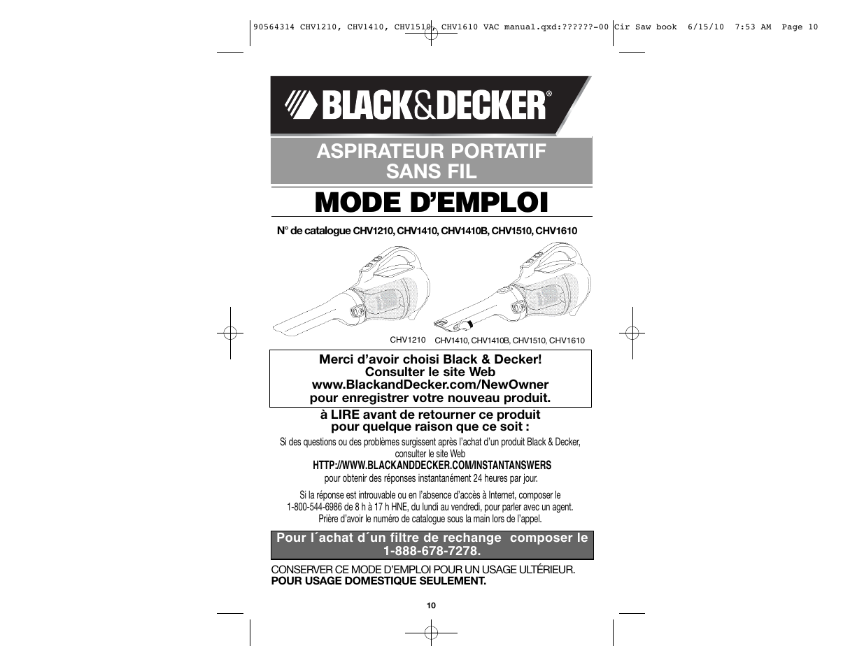 Mode d’emploi, Aspirateur portatif sans fil | Black & Decker CHV1510 User Manual | Page 10 / 32