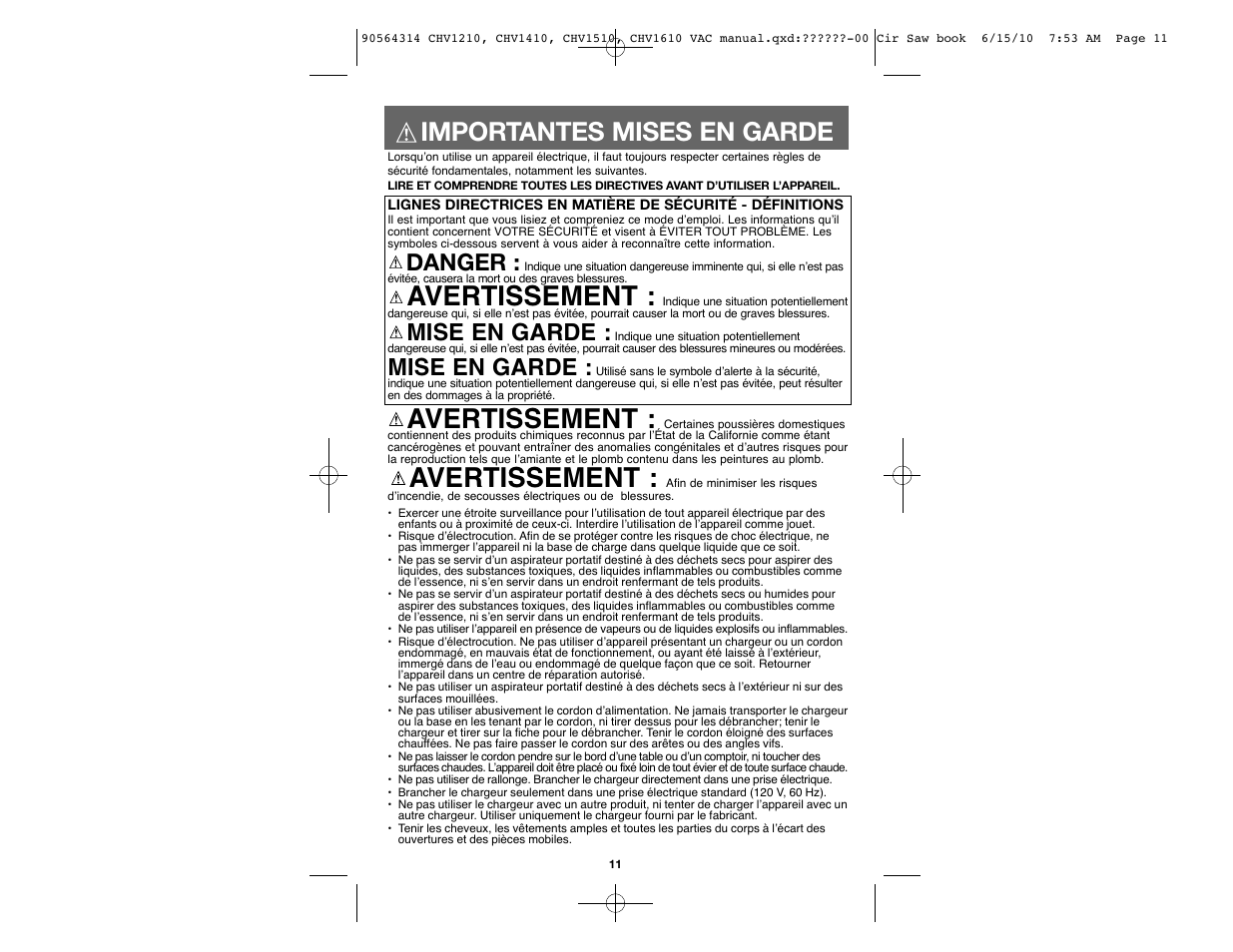 Avertissement, Importantes mises en garde, Danger | Mise en garde | Black & Decker CHV1510 User Manual | Page 11 / 32