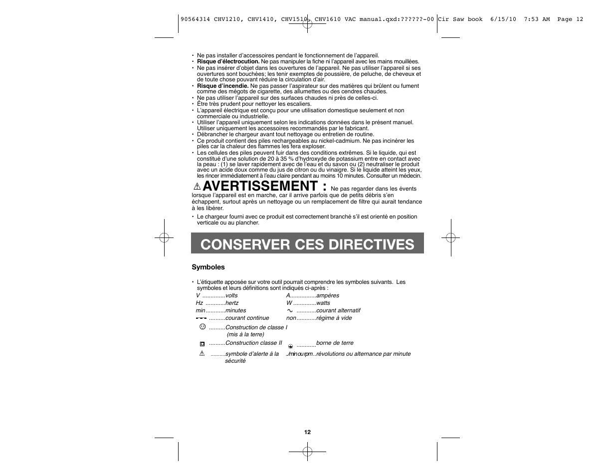 Conserver ces directives, Avertissement | Black & Decker CHV1510 User Manual | Page 12 / 32