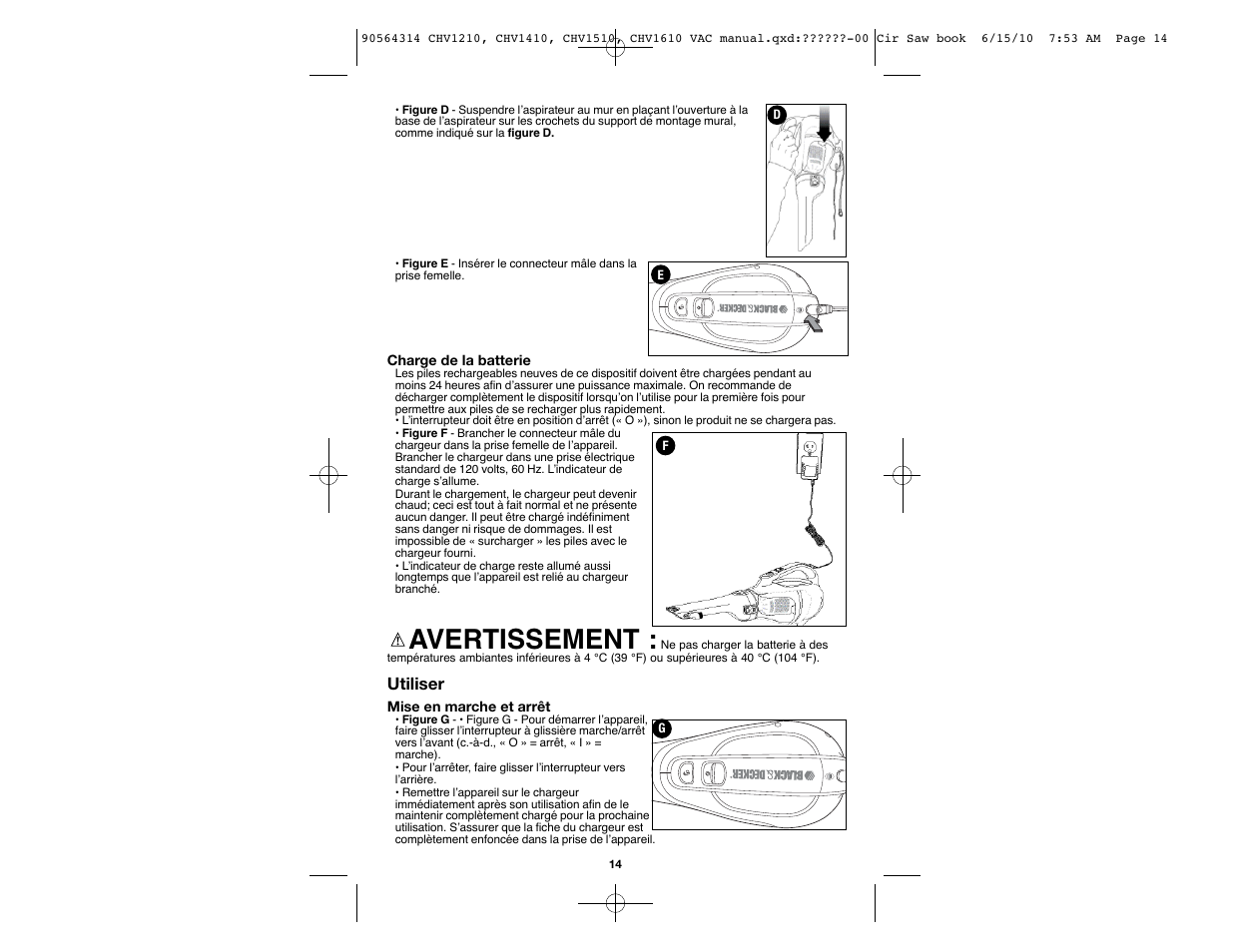 Avertissement | Black & Decker CHV1510 User Manual | Page 14 / 32