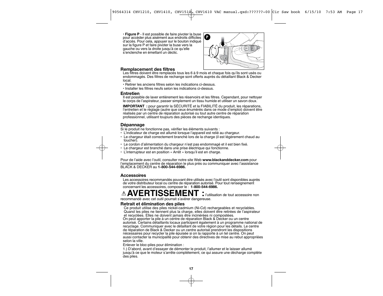 Avertissement | Black & Decker CHV1510 User Manual | Page 17 / 32