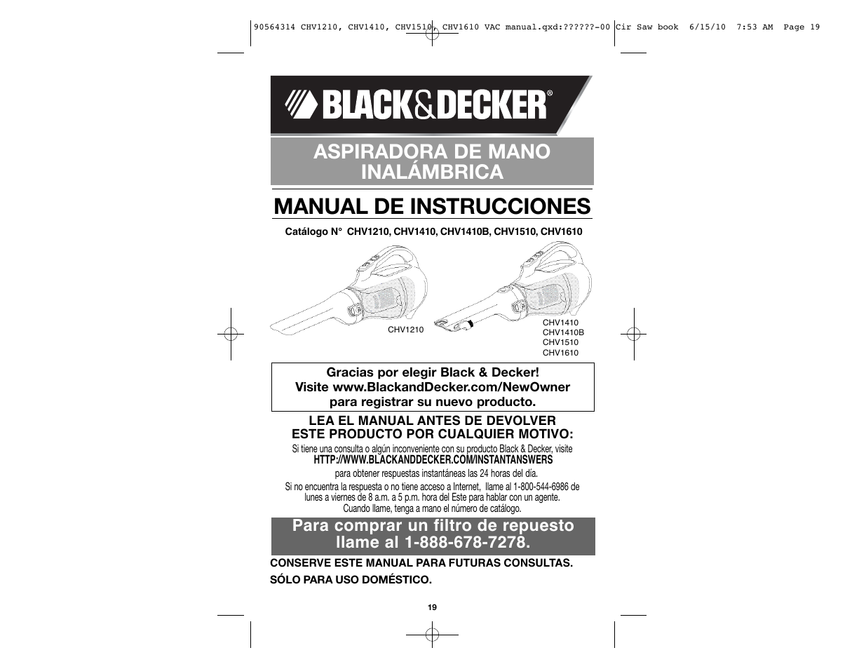 Manual de instrucciones, Aspiradora de mano inalámbrica | Black & Decker CHV1510 User Manual | Page 19 / 32